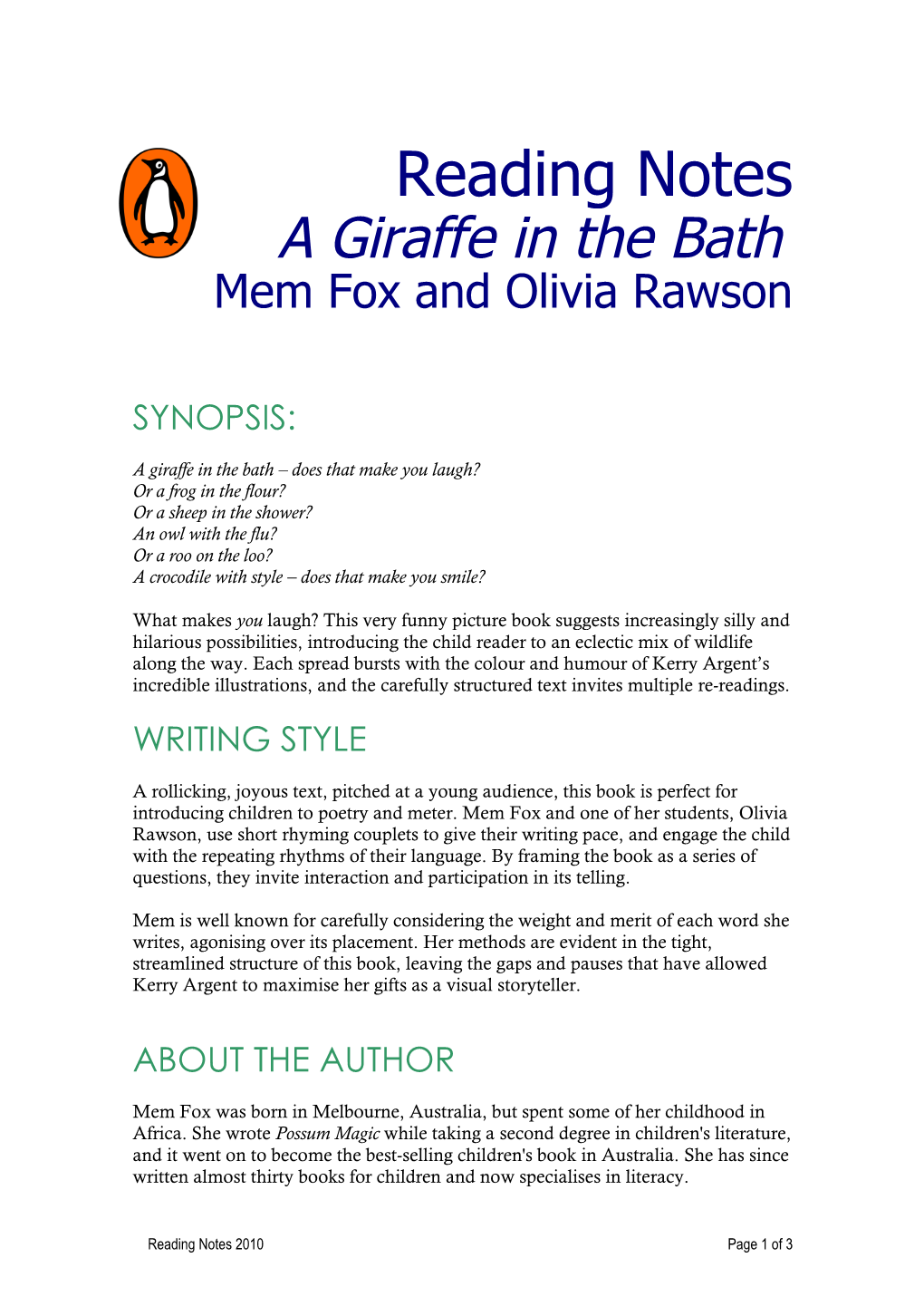 A Giraffe in the Bath Mem Fox and Olivia Rawson