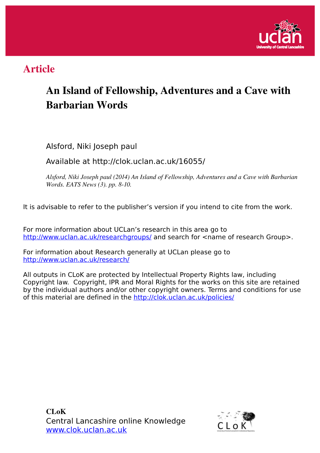 Article an Island of Fellowship, Adventures and a Cave With