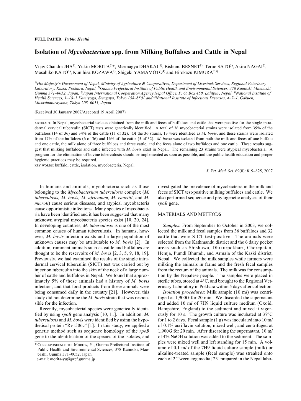 Isolation of Mycobacterium Spp. from Milking Buffaloes and Cattle in Nepal