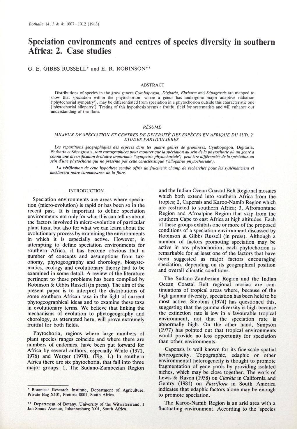 Speciation Environments and Centres of Species Diversity in Southern Africa: 2