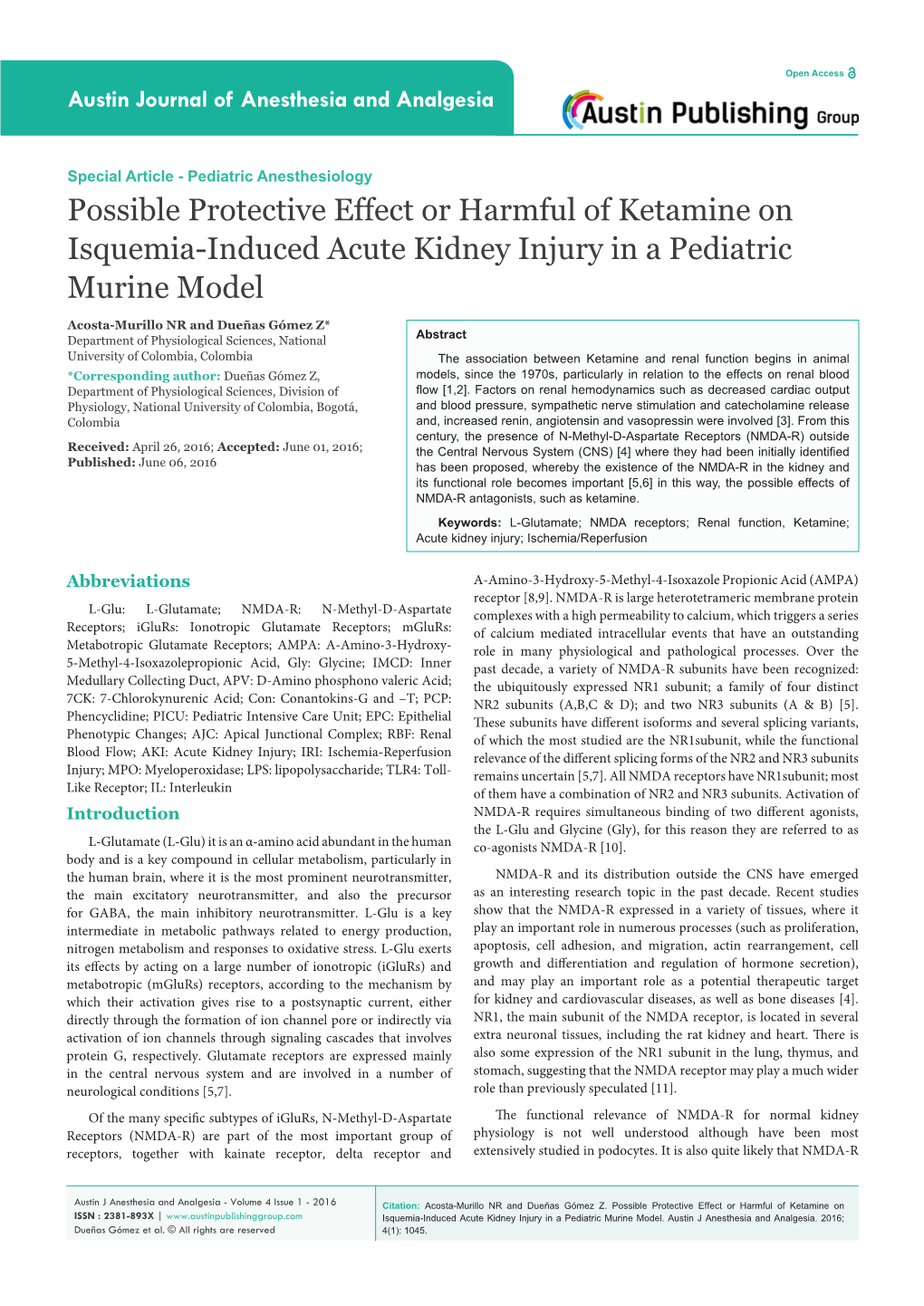 Possible Protective Effect Or Harmful of Ketamine on Isquemia-Induced Acute Kidney Injury in a Pediatric Murine Model