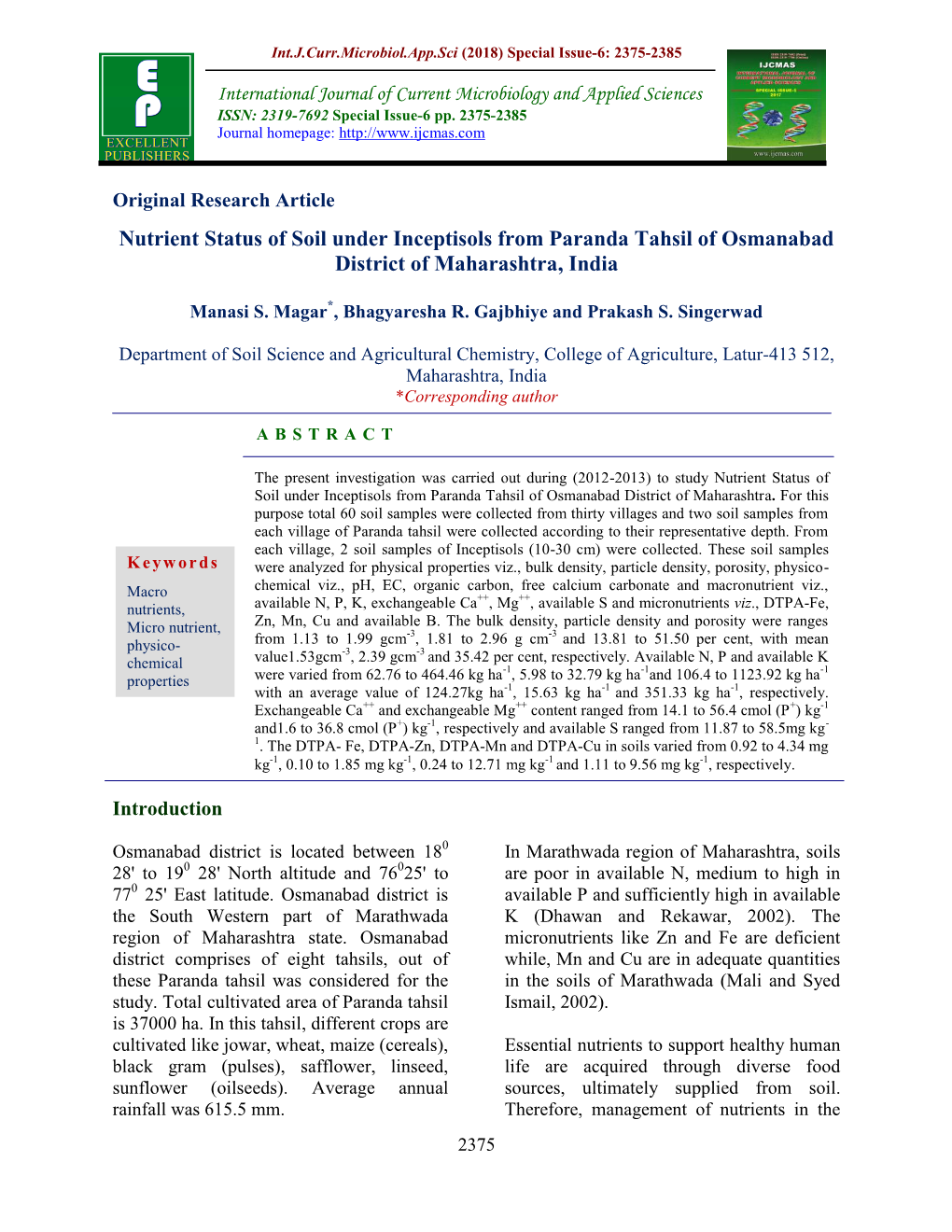 Nutrient Status of Soil Under Inceptisols from Paranda Tahsil of Osmanabad District of Maharashtra, India