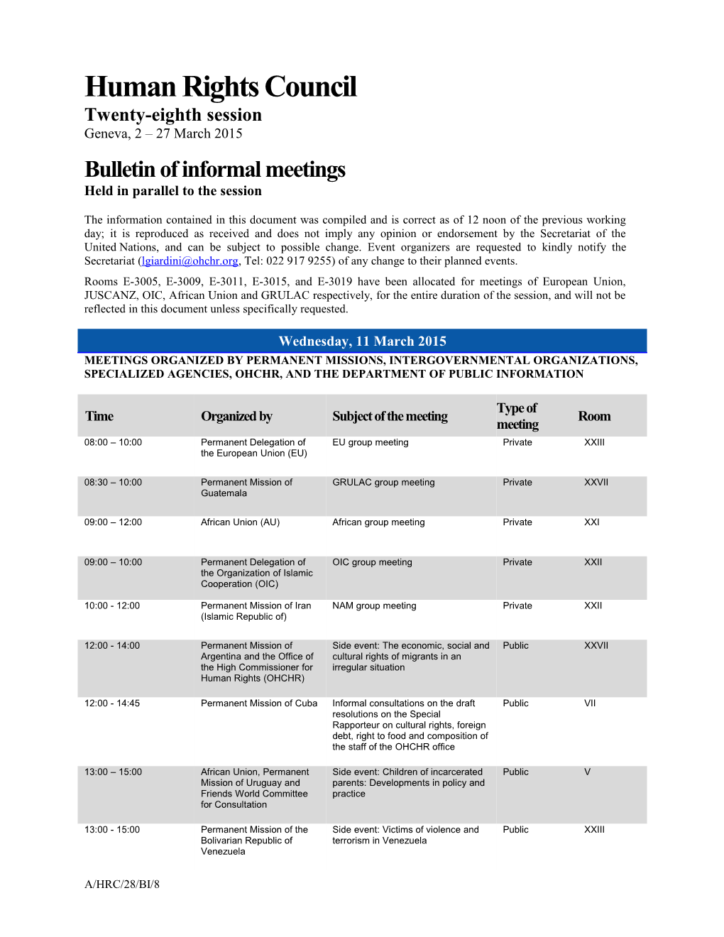 Bulletin of Informal Meetings, Wednesday 11 March 2015