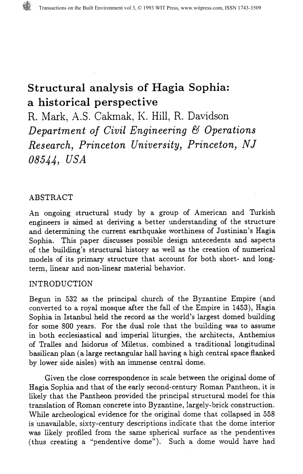 Structural Analysis of Hagia Sophia: a Historical Perspective