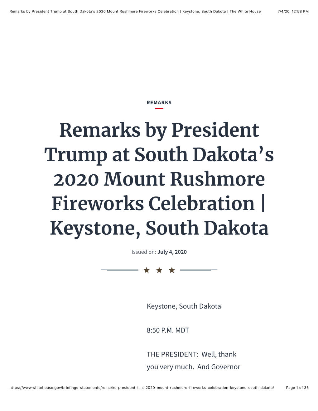 Remarks by President Trump at South Dakota's 2020