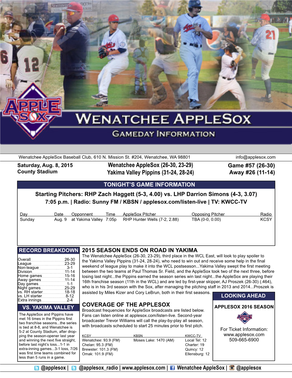 Wenatchee Applesox (26-30, 23-29) Yakima Valley Pippins (31-24
