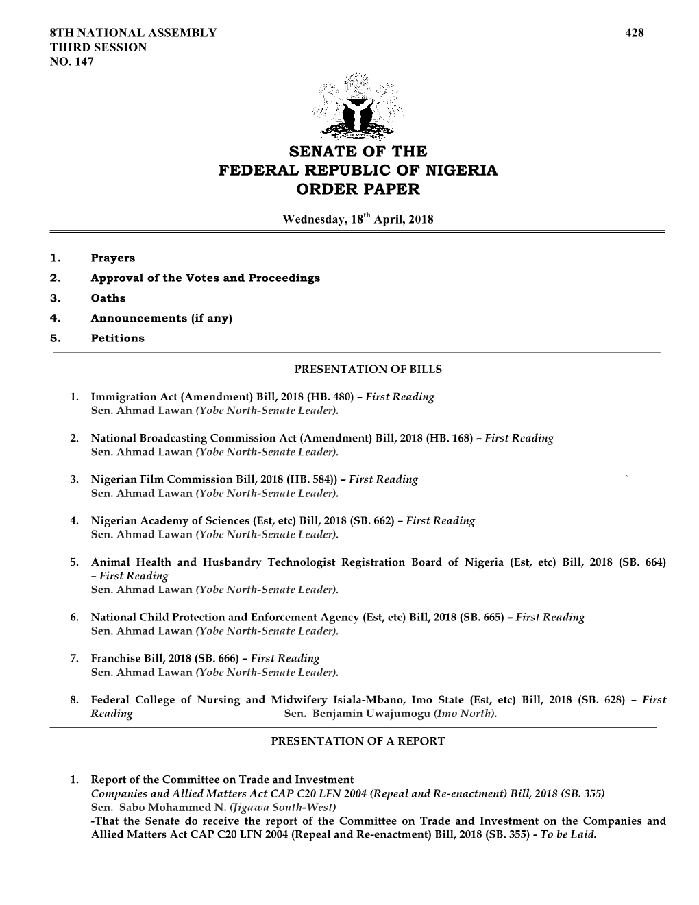 Senate Order Paper, Wednesday, 18Th April, 2018