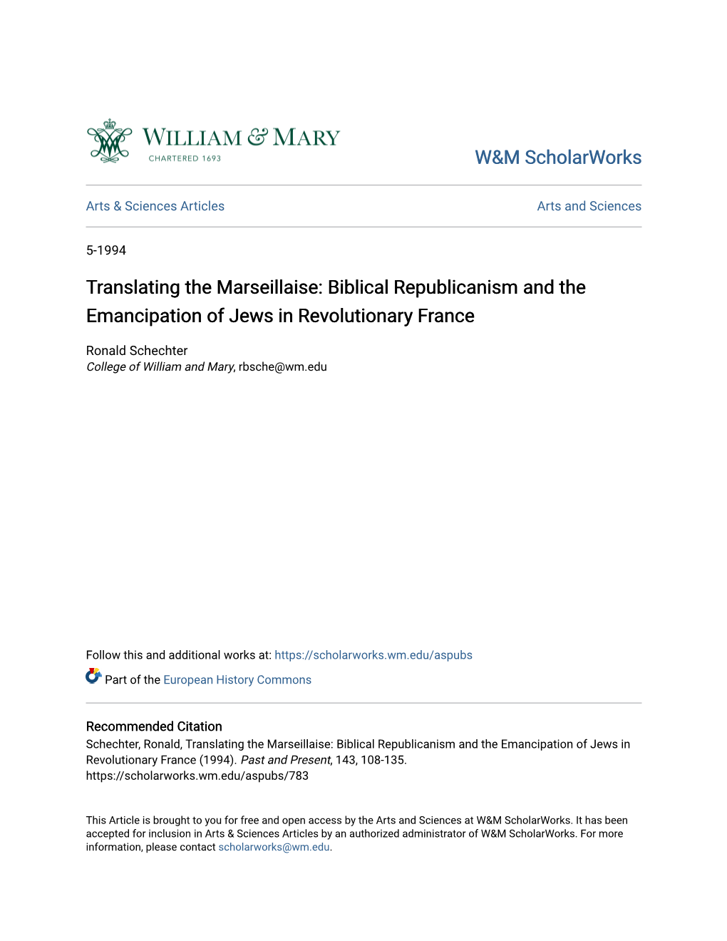 Biblical Republicanism and the Emancipation of Jews in Revolutionary France