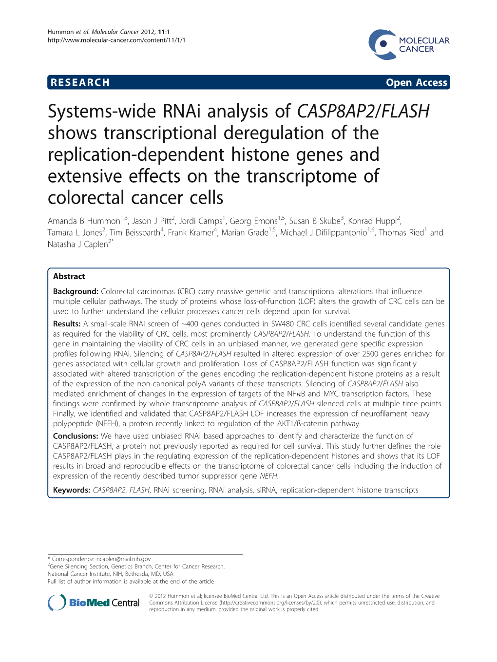 Systems-Wide Rnai Analysis of CASP8AP2/FLASH Shows