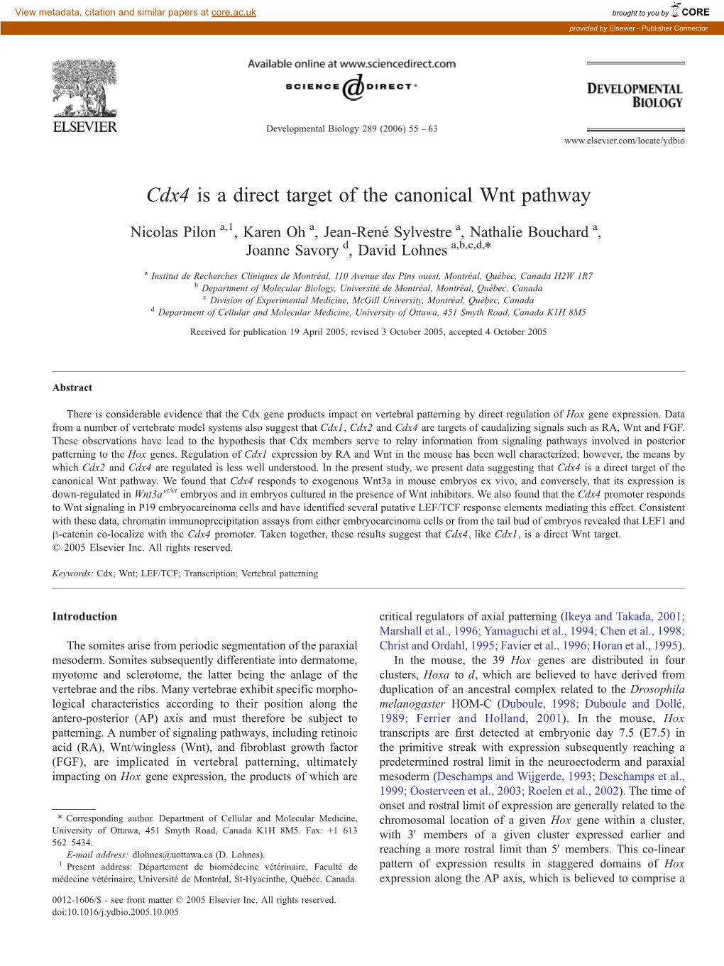 Cdx4 Is a Direct Target of the Canonical Wnt Pathway