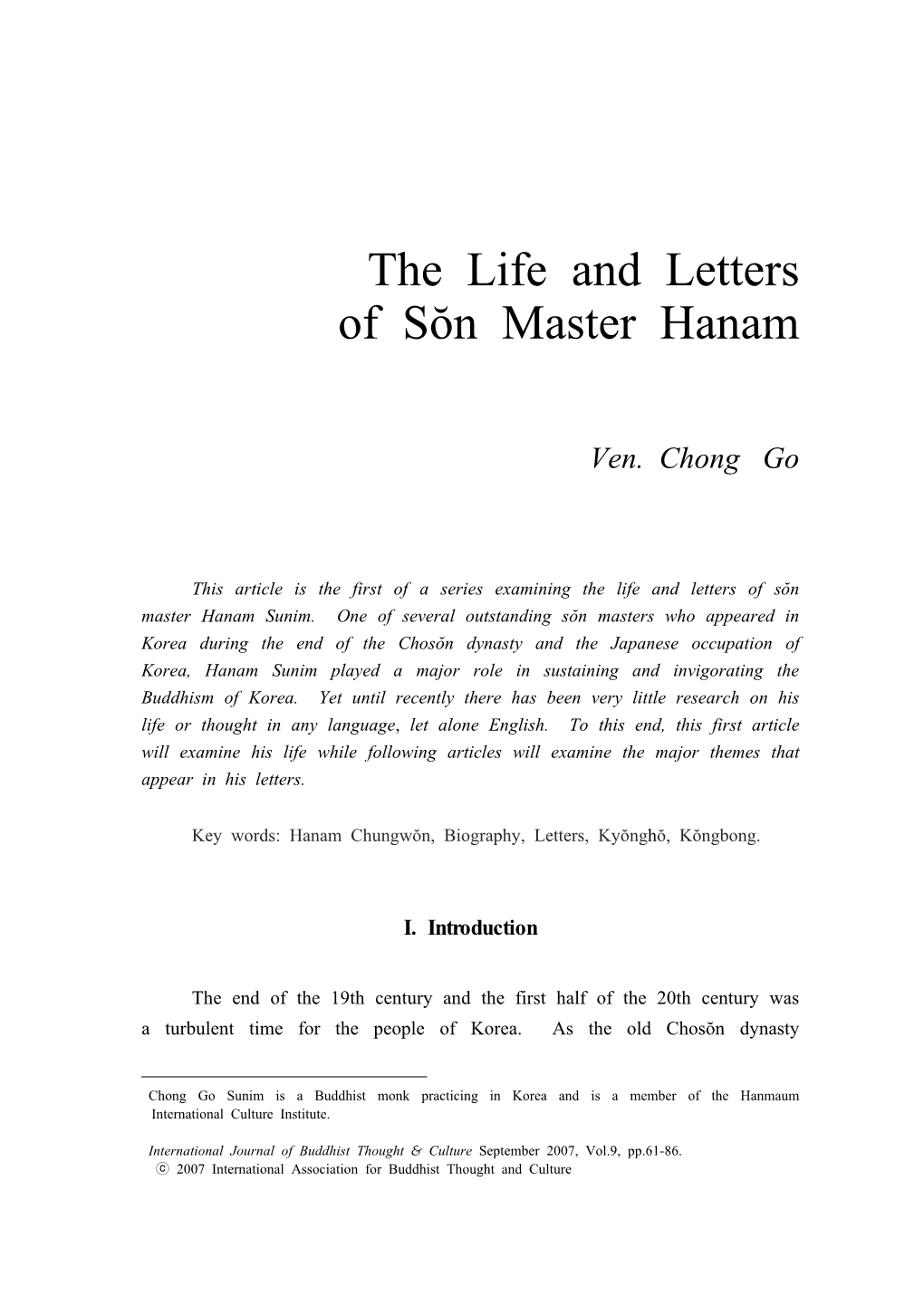 The Life and Letters of Sŏn Master Hanam