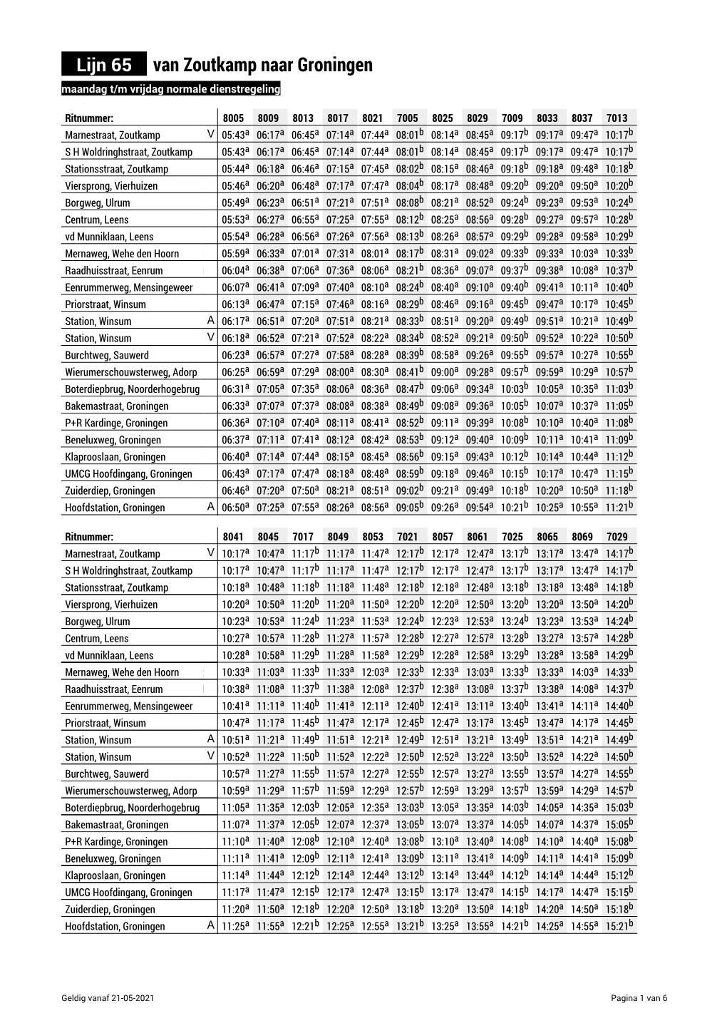 Lijn 65 Van Zoutkamp Naar Groningen Maandag T/M Vrijdag Normale Dienstregeling