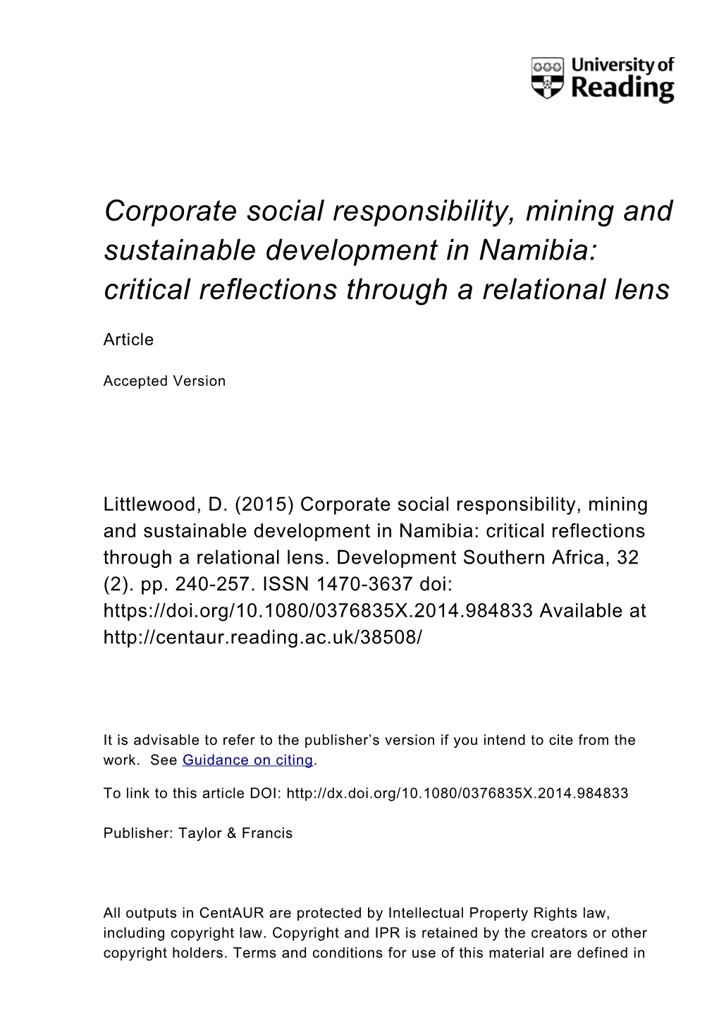 Corporate Social Responsibility, Mining and Sustainable Development in Namibia: Critical Reflections Through a Relational Lens