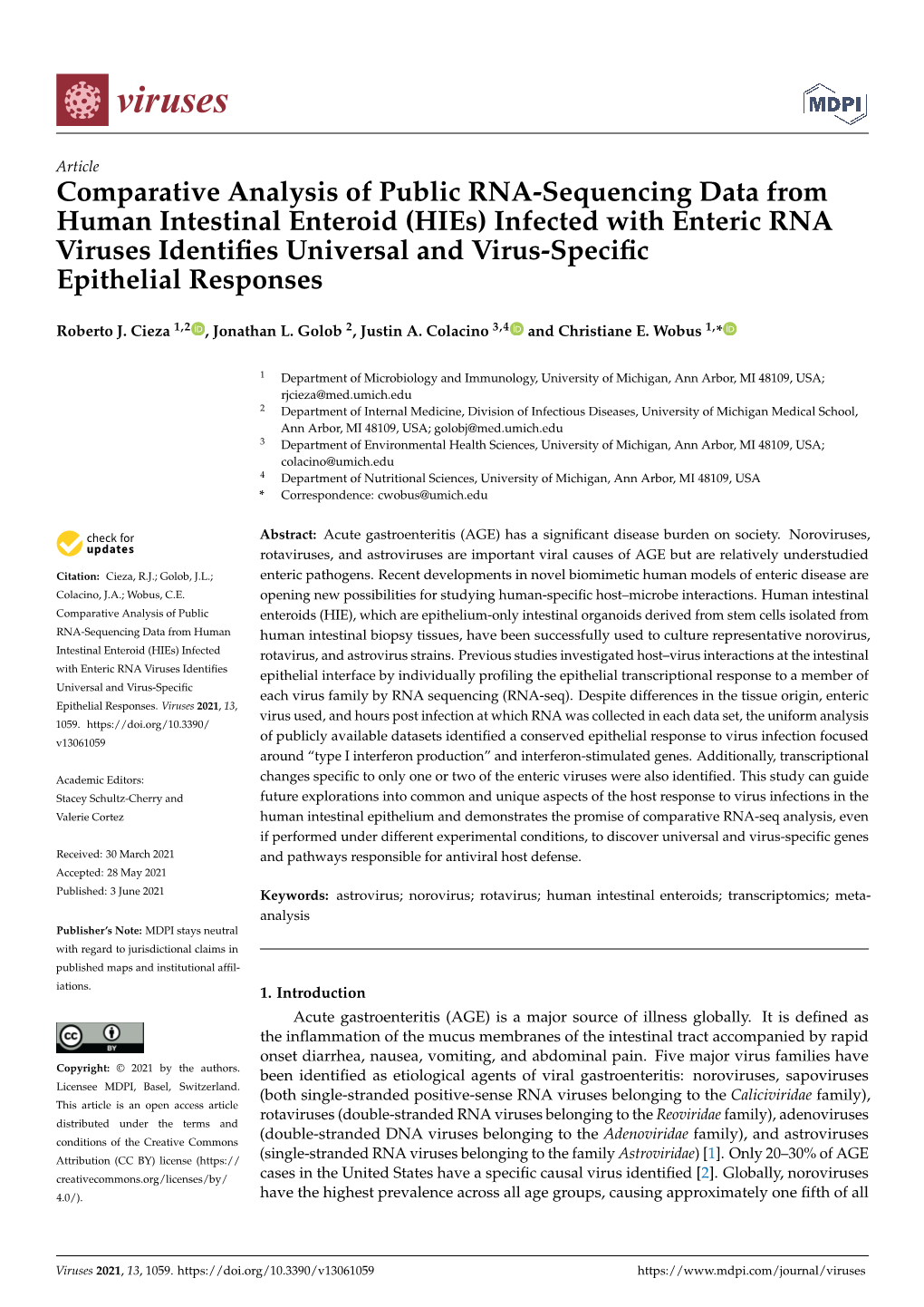 (Hies) Infected with Enteric RNA Viruses Identiﬁes Universal and Virus-Speciﬁc Epithelial Responses