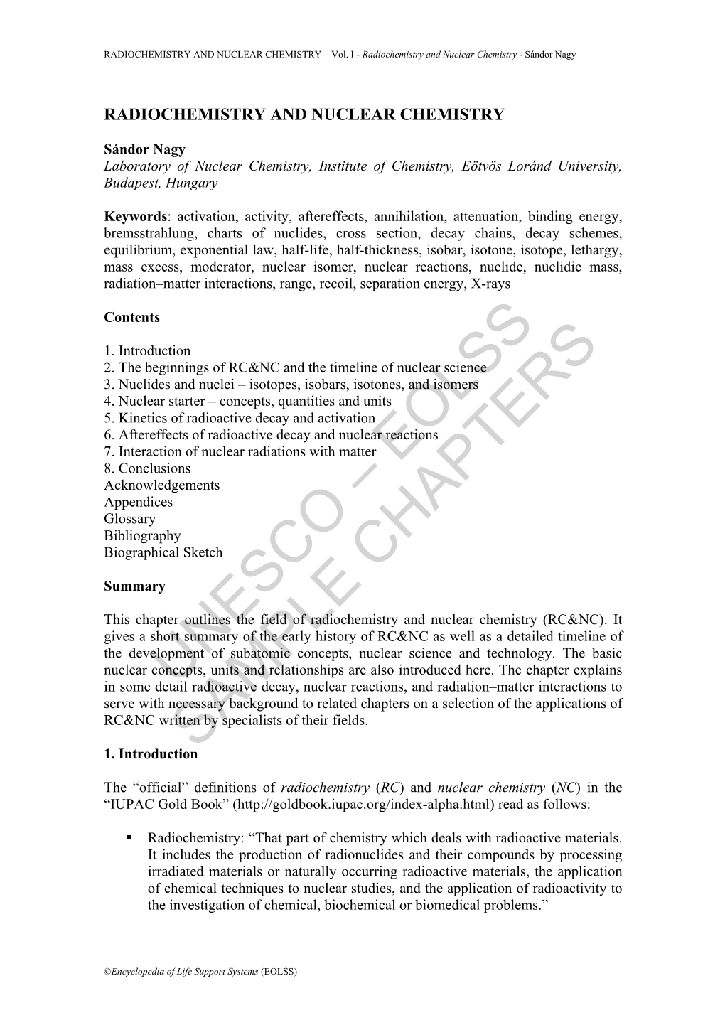 RADIOCHEMISTRY and NUCLEAR CHEMISTRY – Vol