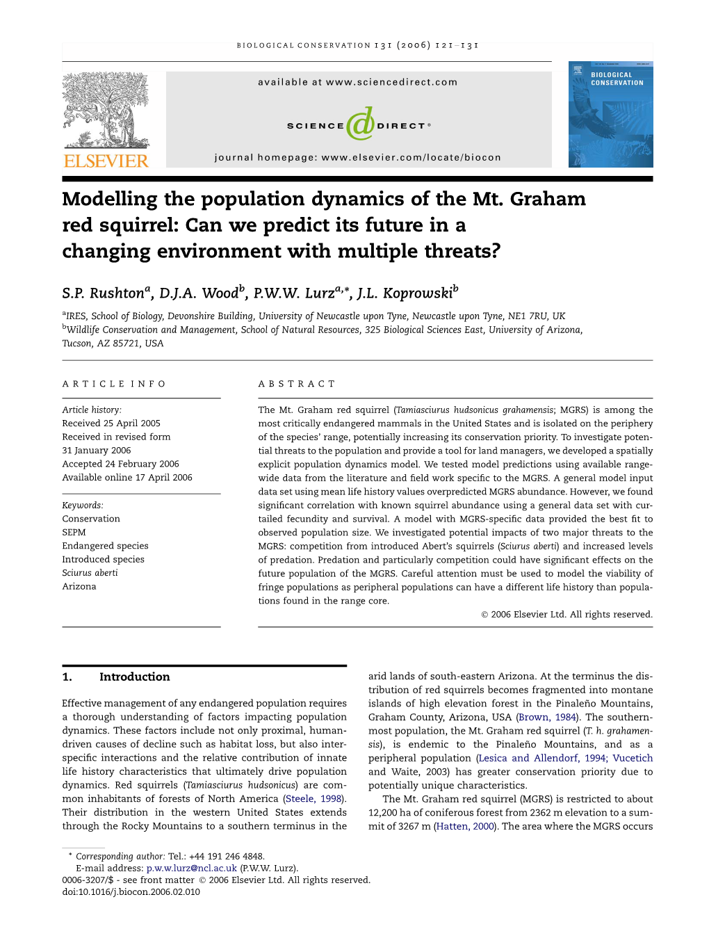 Modelling the Population Dynamics of the Mt. Graham Red Squirrel: Can We Predict Its Future in a Changing Environment with Multiple Threats?