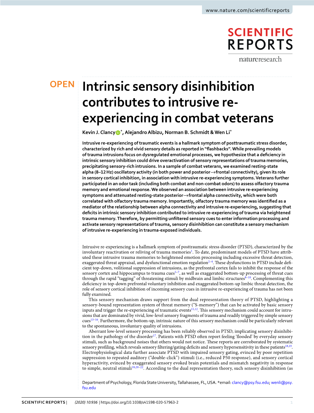 Intrinsic Sensory Disinhibition Contributes to Intrusive Re-Experiencing in Combat Veterans