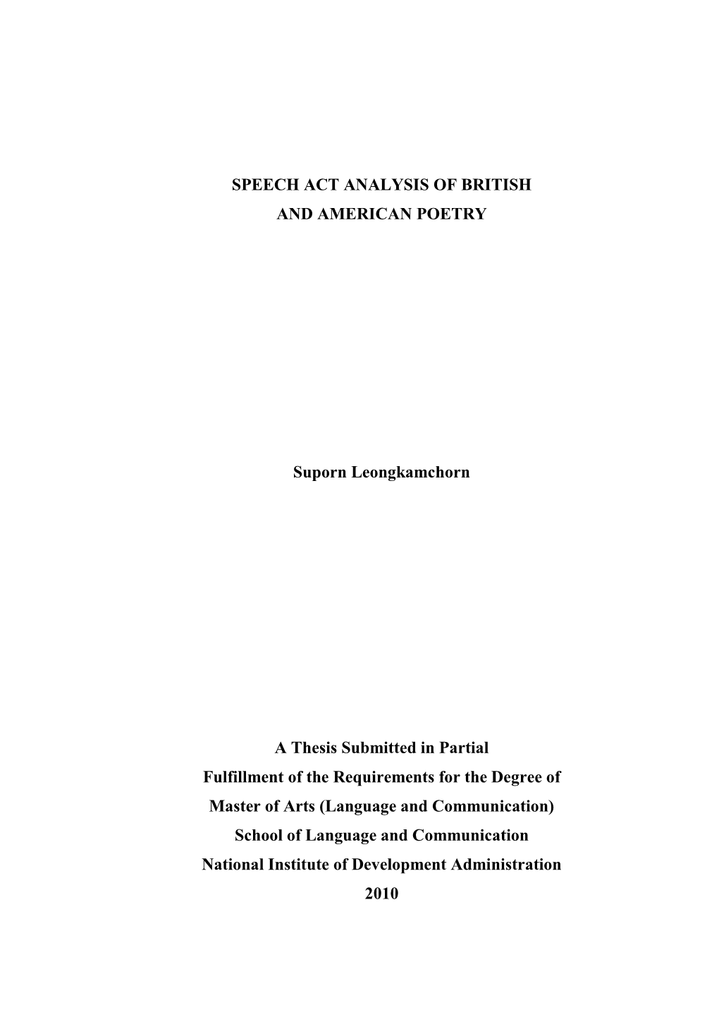 SPEECH ACT ANALYSIS of BRITISH and AMERICAN POETRY Suporn