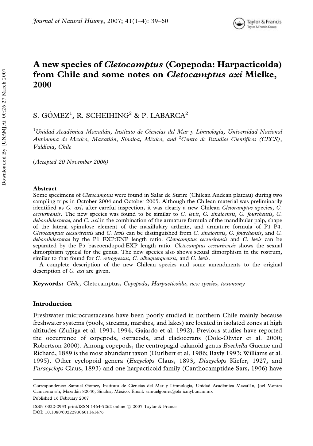 A New Species of Cletocamptus (Copepoda: Harpacticoida) From