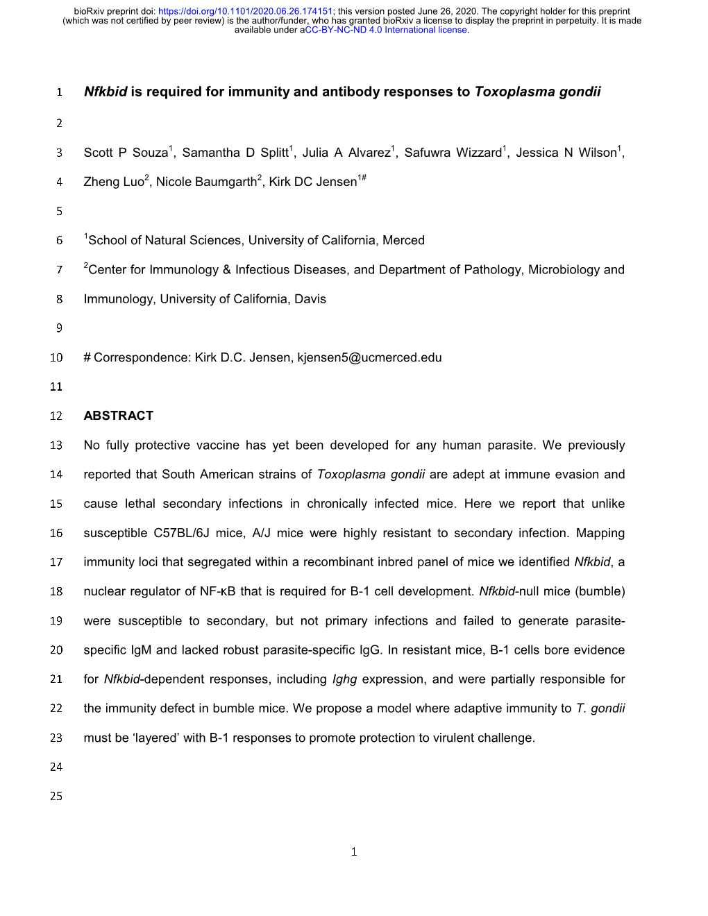 Nfkbid Is Required for Immunity and Antibody Responses to Toxoplasma Gondii