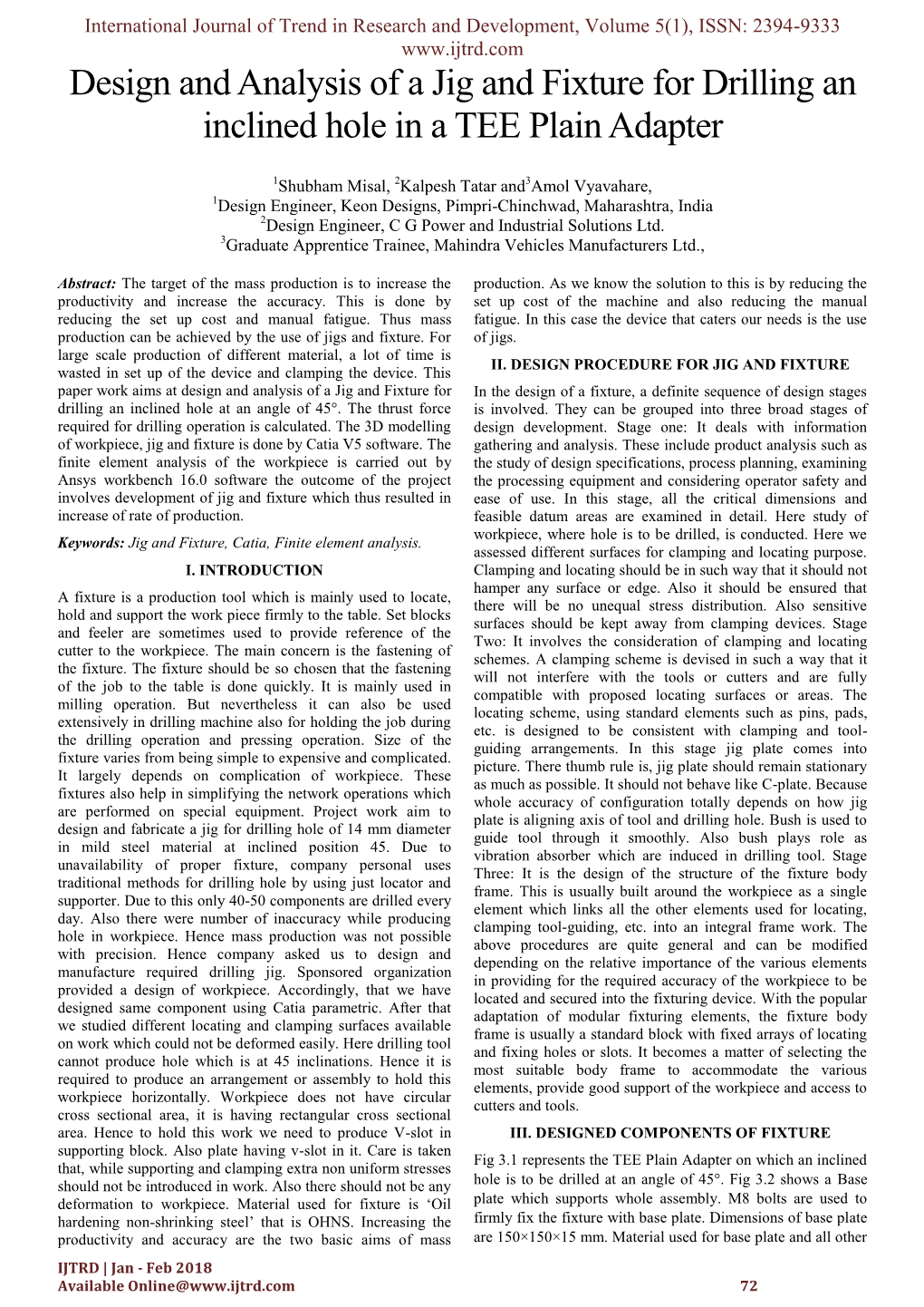 Design and Analysis of a Jig and Fixture for Drilling an Inclined Hole in a TEE Plain Adapter