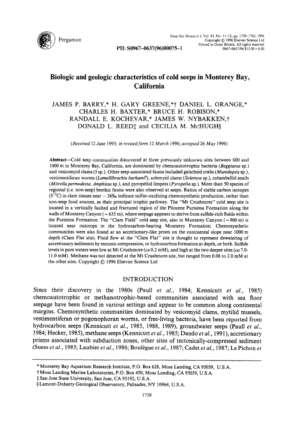 Biologic and Geologic Characteristics of Cold Seeps in Monterey Bay, California