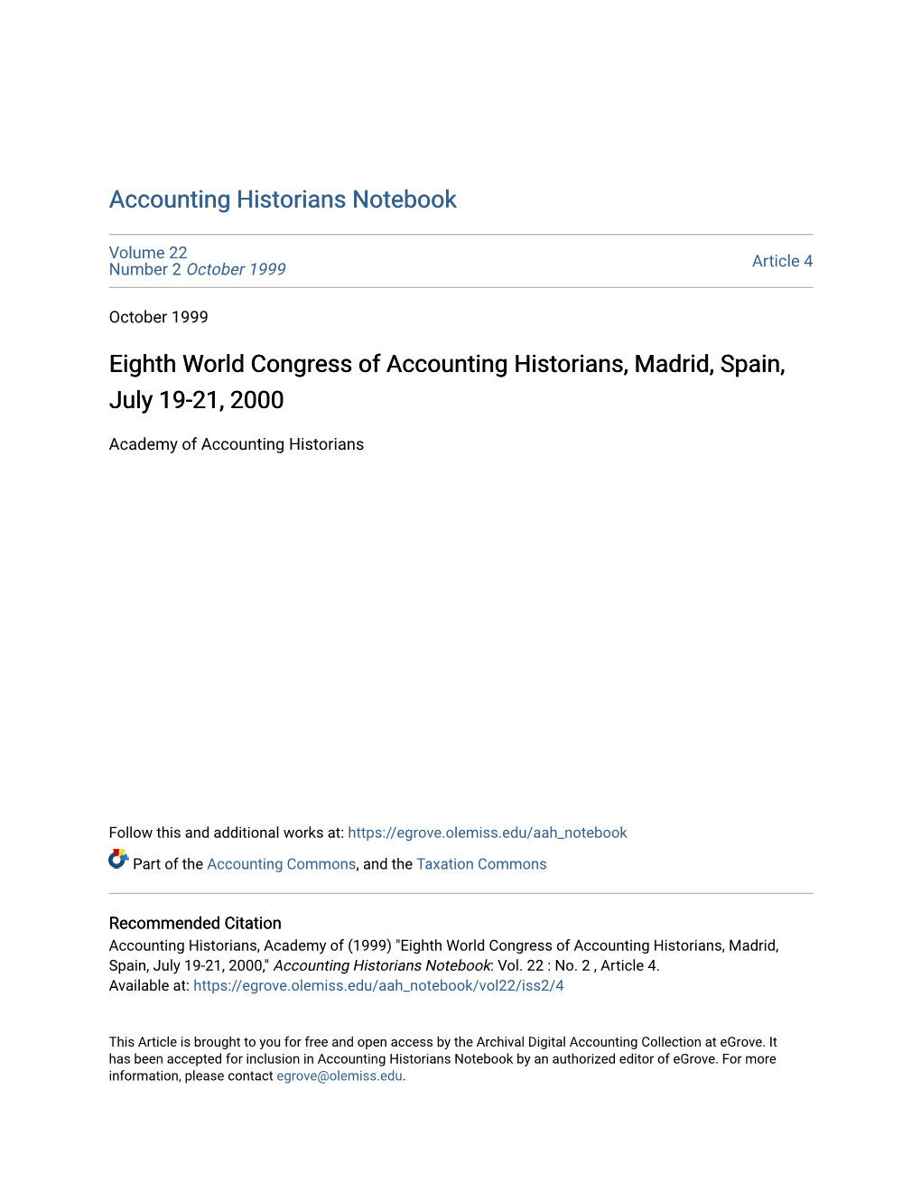 Eighth World Congress of Accounting Historians, Madrid, Spain, July 19-21, 2000