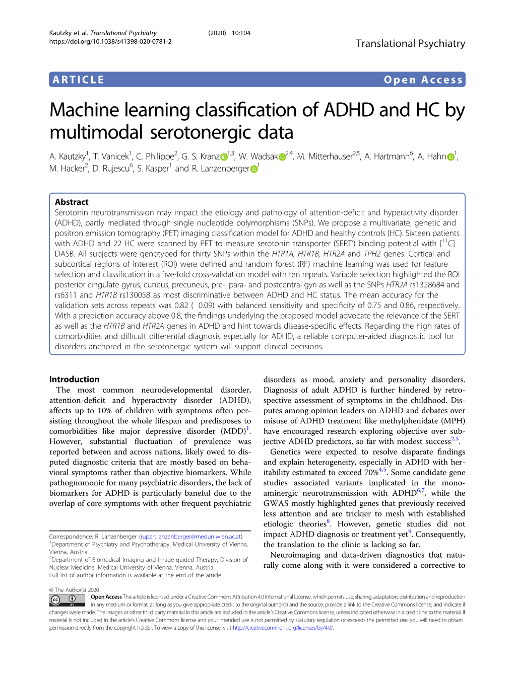 Machine Learning Classification of ADHD and HC by Multimodal Serotonergic Data