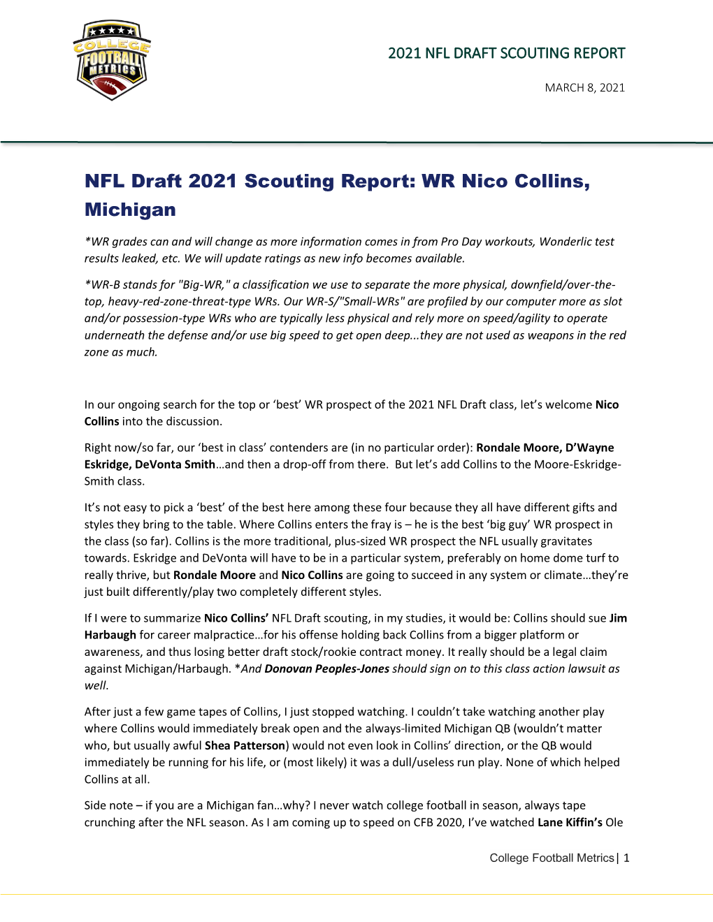 NFL Draft 2021 Scouting Report: WR Nico Collins, Michigan