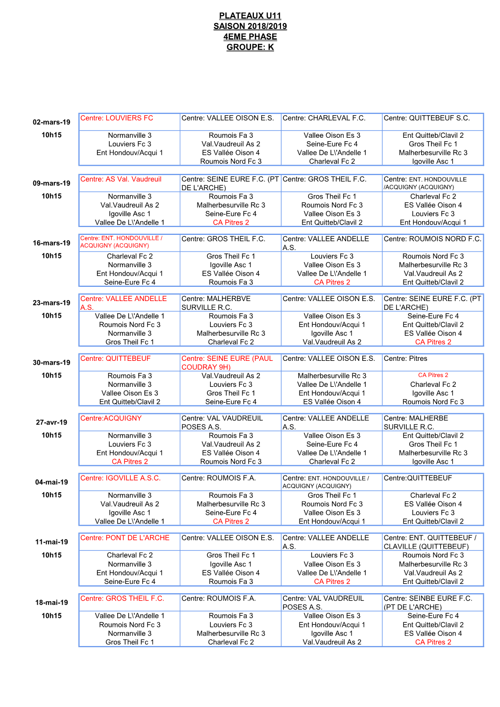 Plateaux U11 Saison 2018/2019 4Eme Phase Groupe: K