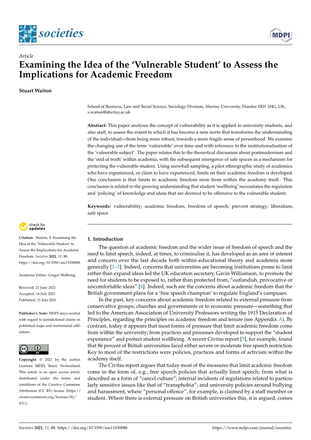 'Vulnerable Student' to Assess the Implications for Academic Freedom