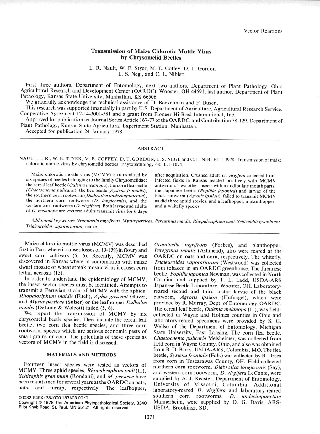 Transmission of Maize Chlorotic Mottle Virus by Chrysomelid Beetles L