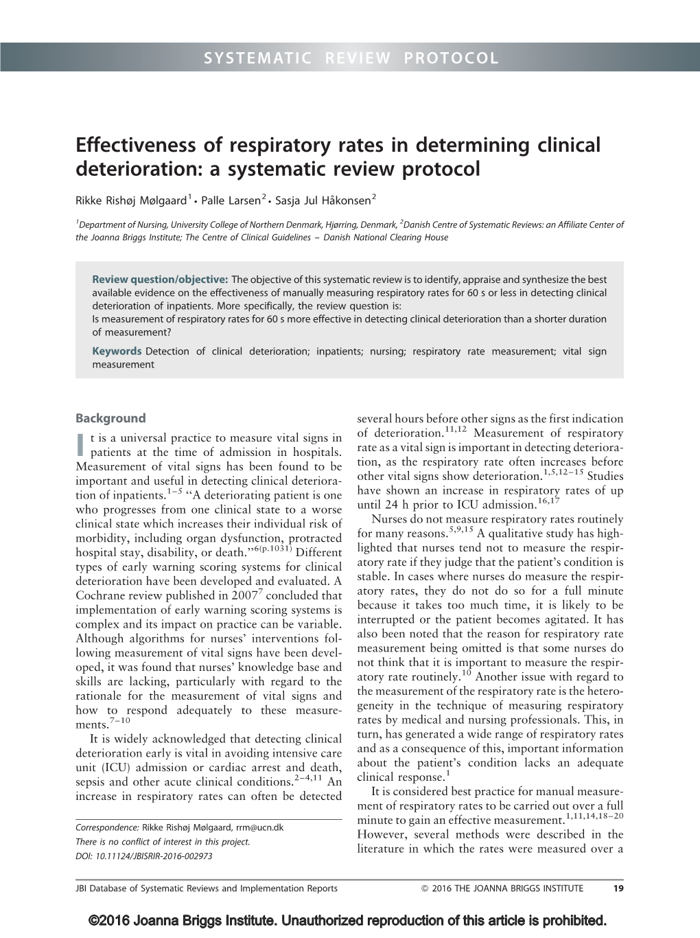 Effectiveness of Respiratory Rates in Determining Clinical Deterioration: a Systematic Review Protocol