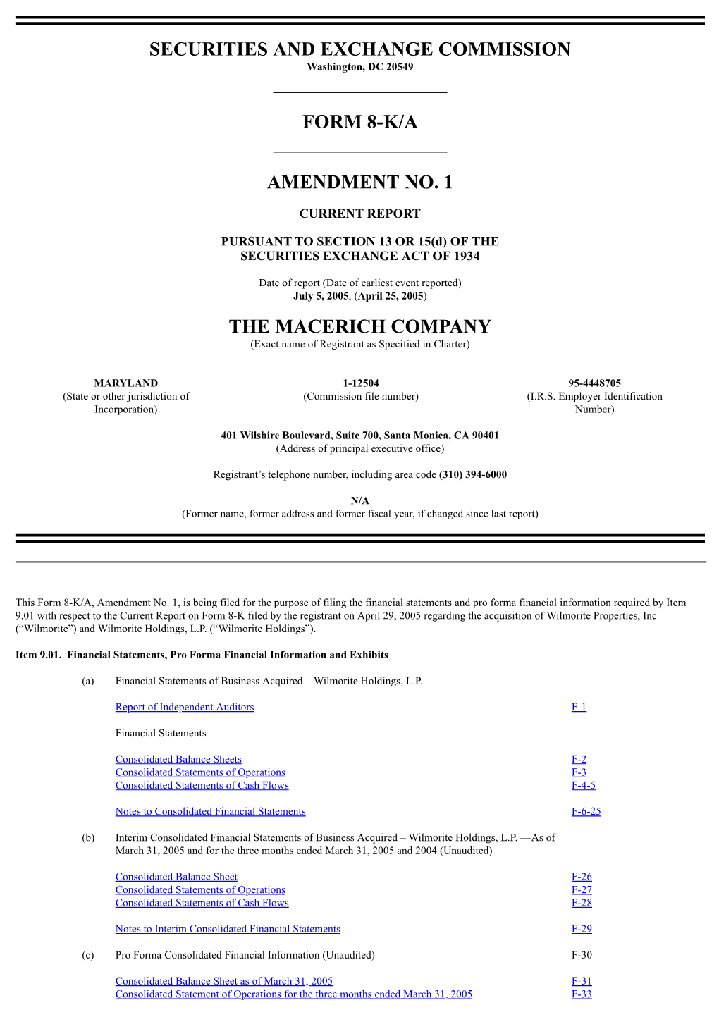 Securities and Exchange Commission Form 8-K/A Amendment No. 1 the Macerich Company