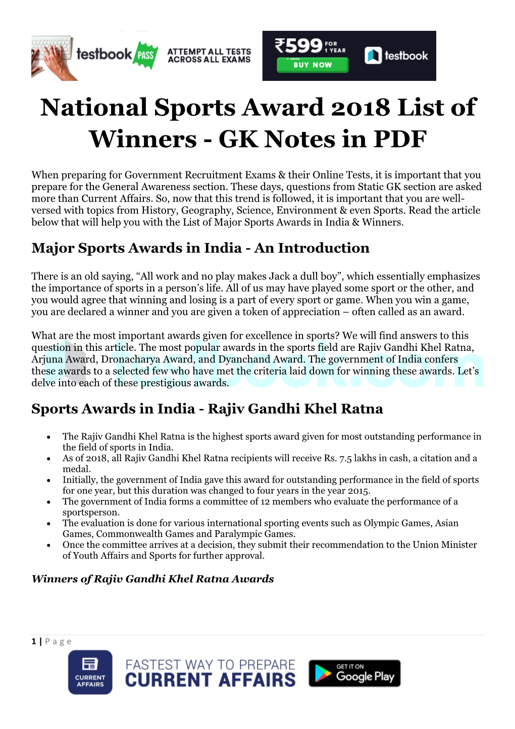 National Sports Award 2018 List of Winners - GK Notes in PDF