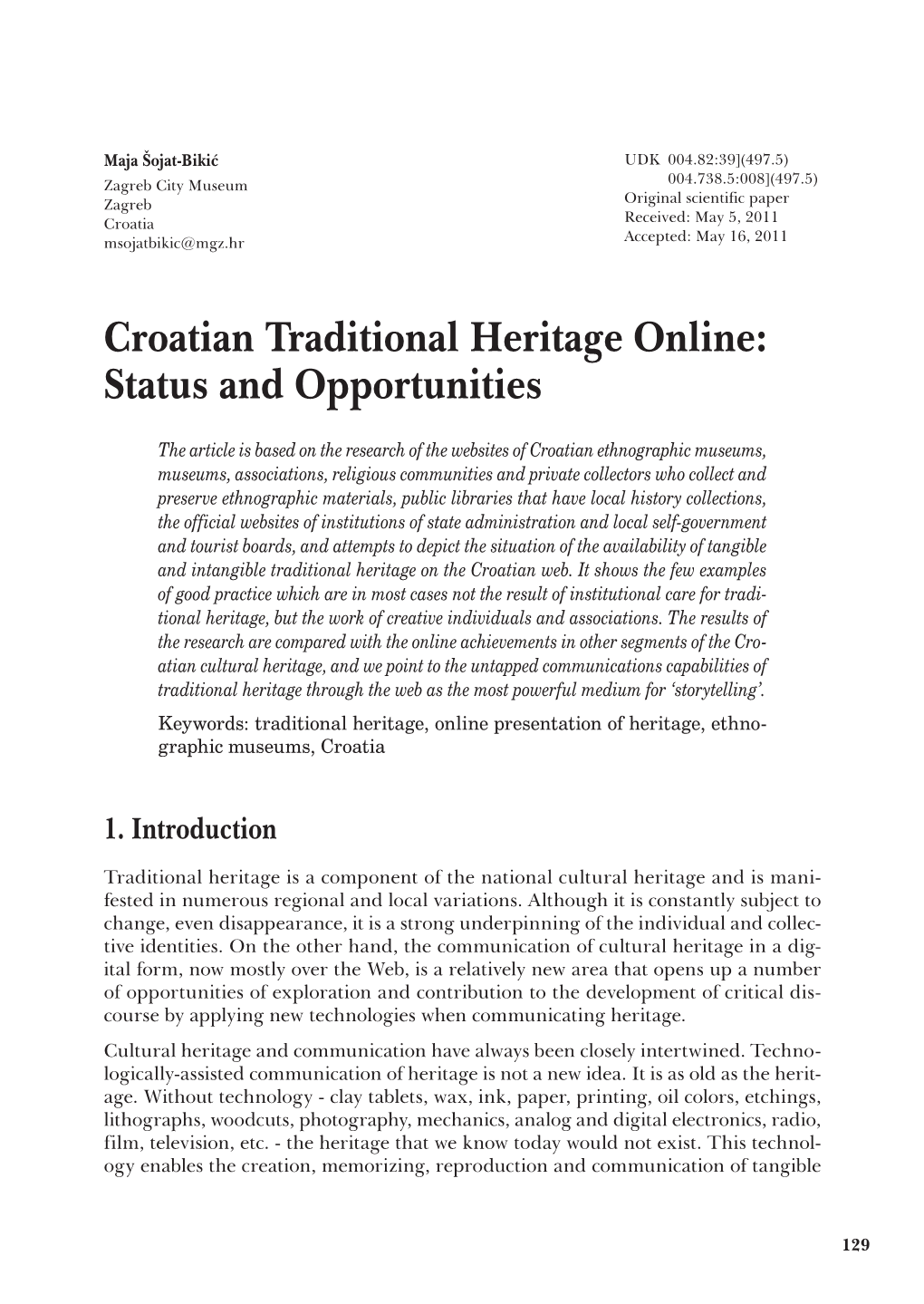 Croatian Traditional Heritage Online: Status and Opportunities