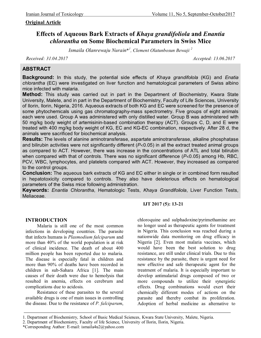 Effects of Aqueous Bark Extracts of Khaya Grandifoliola and Enantia