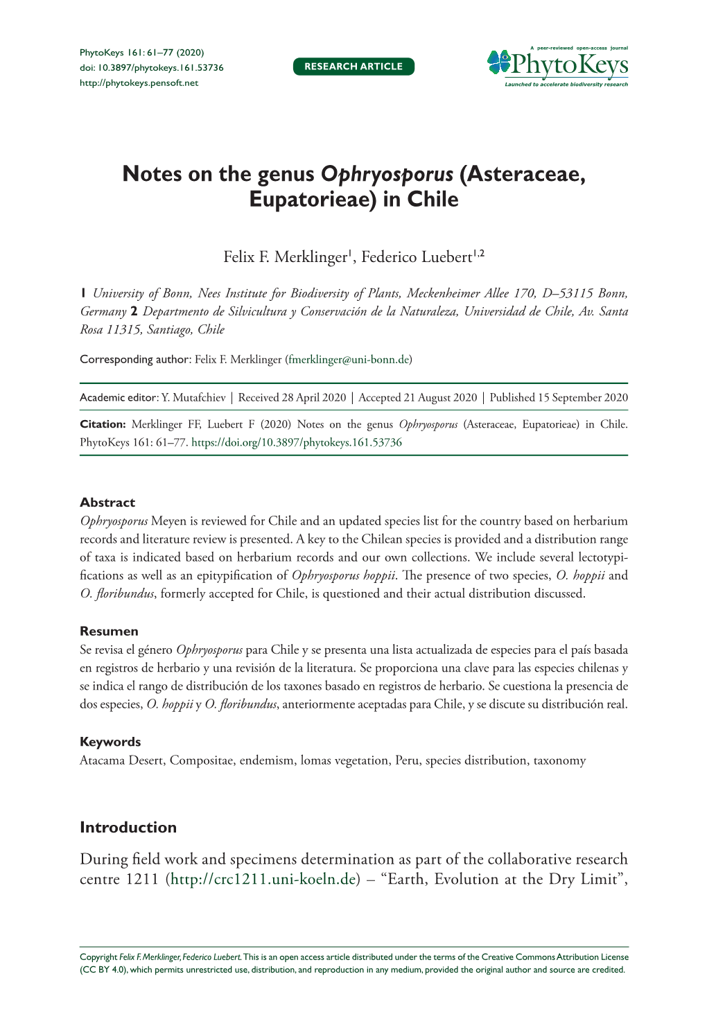 In Chile 61 Doi: 10.3897/Phytokeys.161.53736 RESEARCH ARTICLE Launched to Accelerate Biodiversity Research
