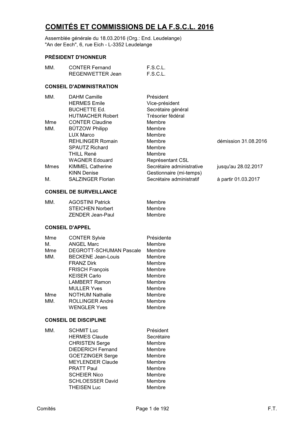 Comités Et Commissions De La F.S.C.L. 2016