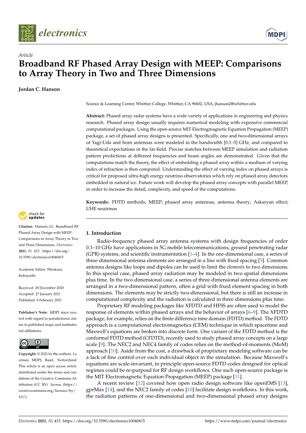 Broadband RF Phased Array Design with MEEP: Comparisons to Array Theory in Two and Three Dimensions