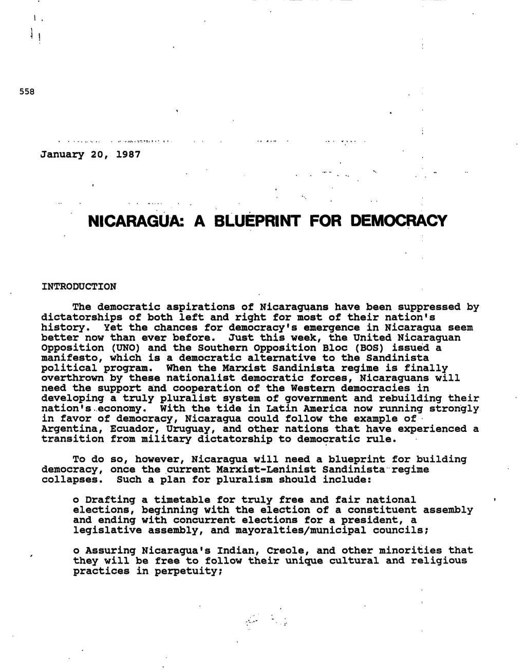 Nicaragua= a Blueprint for Democracy