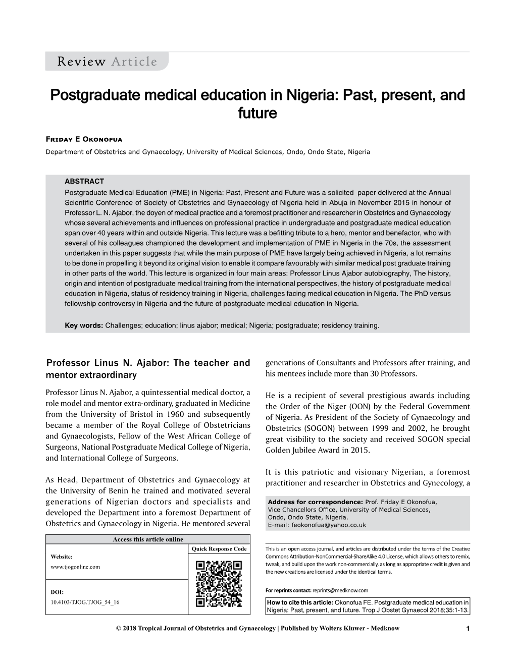 Postgraduate Medical Education in Nigeria: Past, Present, and Future