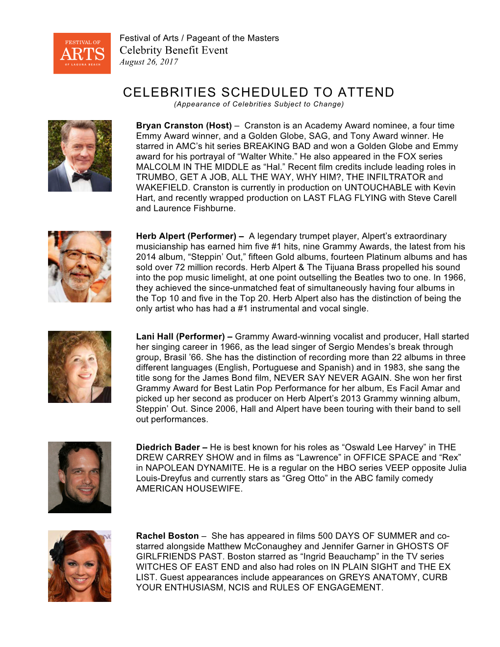 CELEBRITIES SCHEDULED to ATTEND (Appearance of Celebrities Subject to Change)