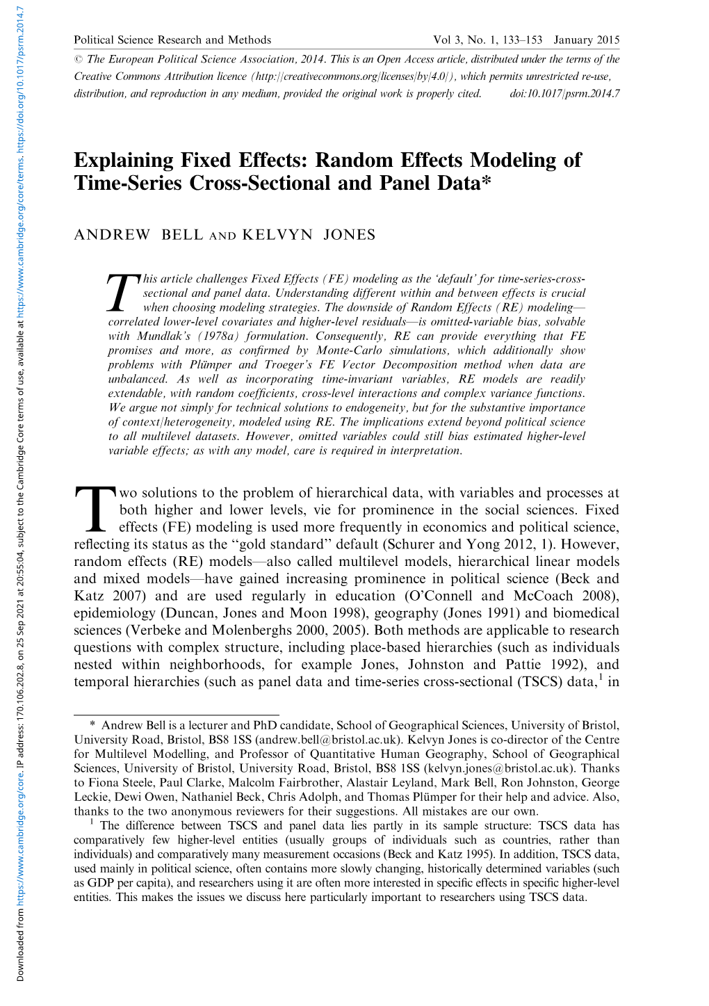 Explaining Fixed Effects: Random Effects Modeling of Time-Series Cross-Sectional and Panel Data*