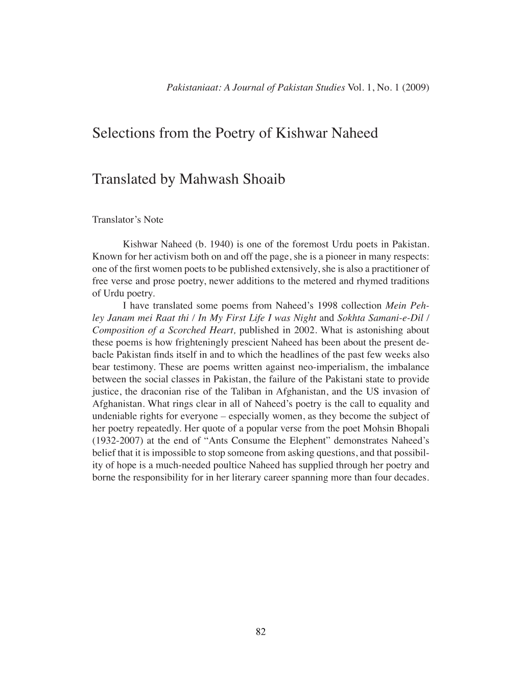 Selections from the Poetry of Kishwar Naheed Translated by Mahwash Shoaib