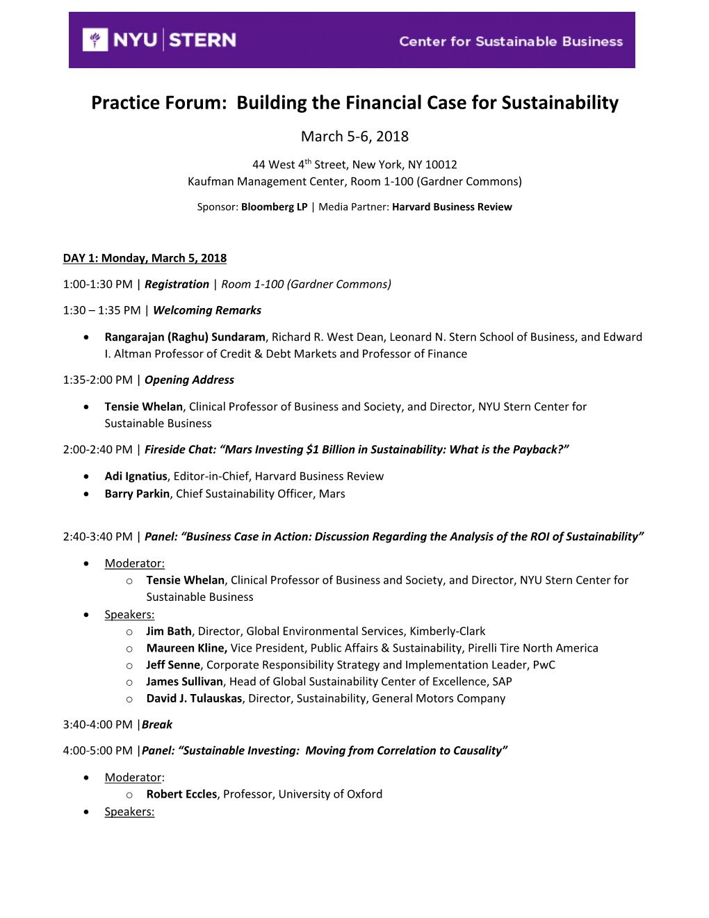 Practice Forum: Building the Financial Case for Sustainability March 5-6, 2018