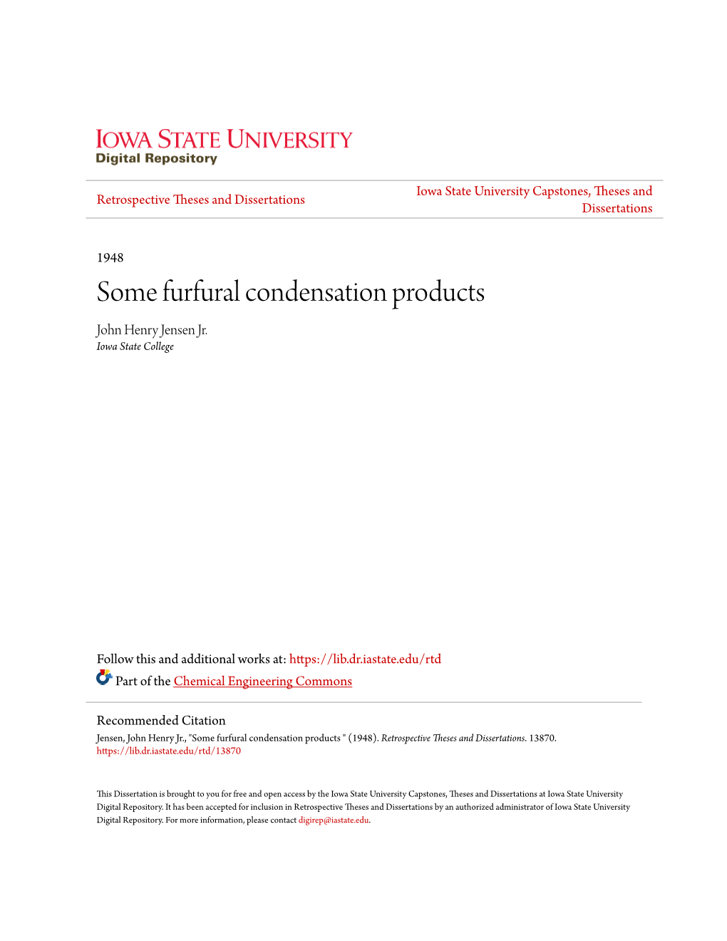 Some Furfural Condensation Products John Henry Jensen Jr