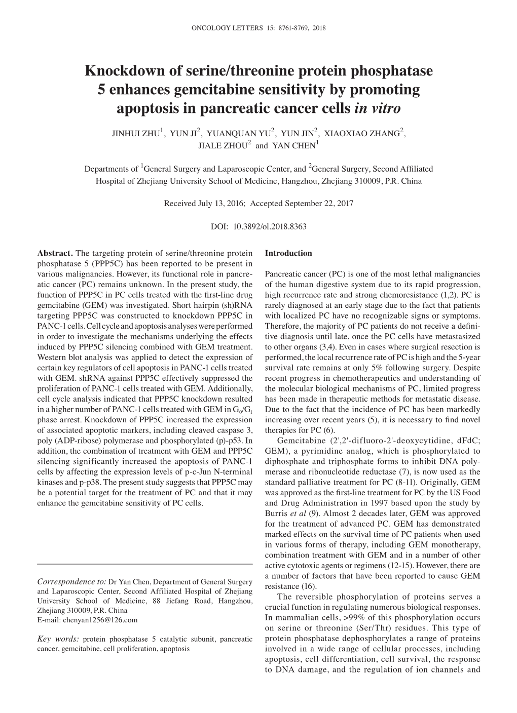 Knockdown of Serine/Threonine Protein Phosphatase 5 Enhances Gemcitabine Sensitivity by Promoting Apoptosis in Pancreatic Cancer Cells in Vitro