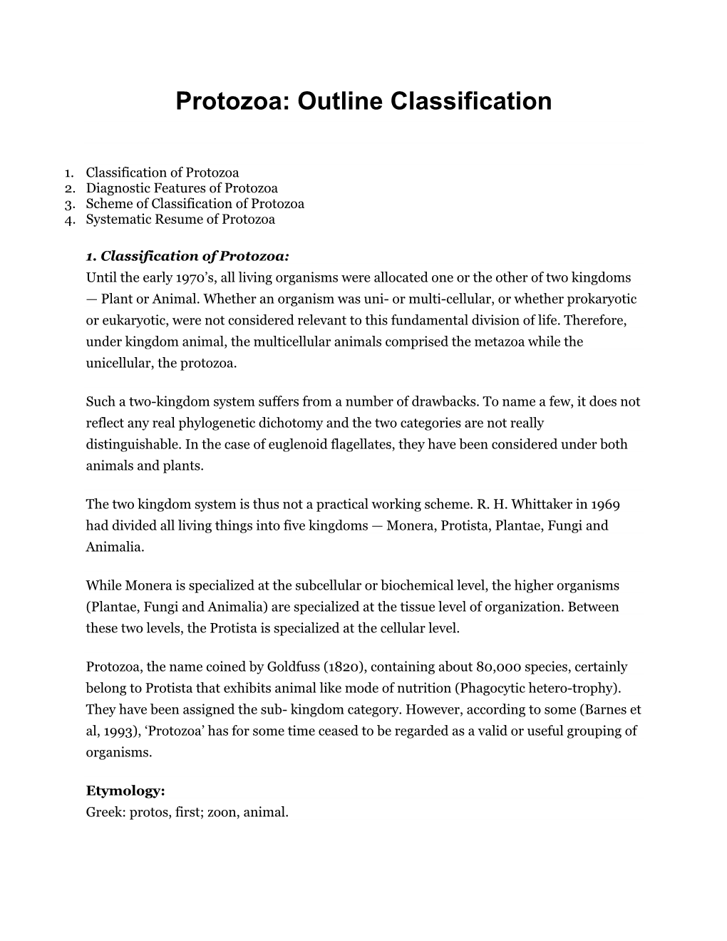 Protozoa: Outline Classification