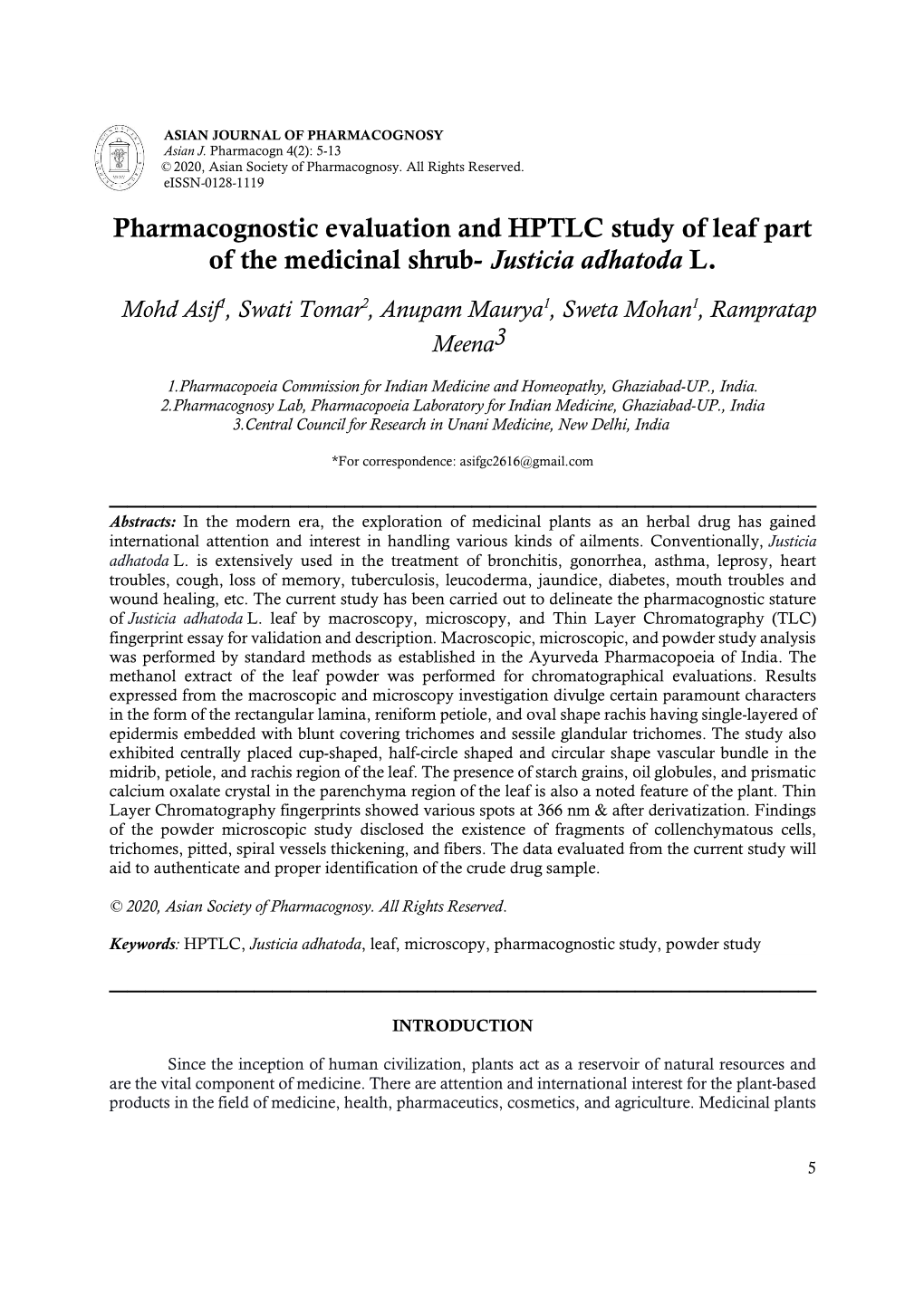 Pharmacognostic Evaluation and HPTLC Study of Leaf Part of the Medicinal Shrub- Justicia Adhatoda L